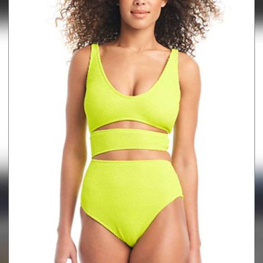 NWT Bar III Neon Yellow Crinkle Cutout One Piece Swimsuit